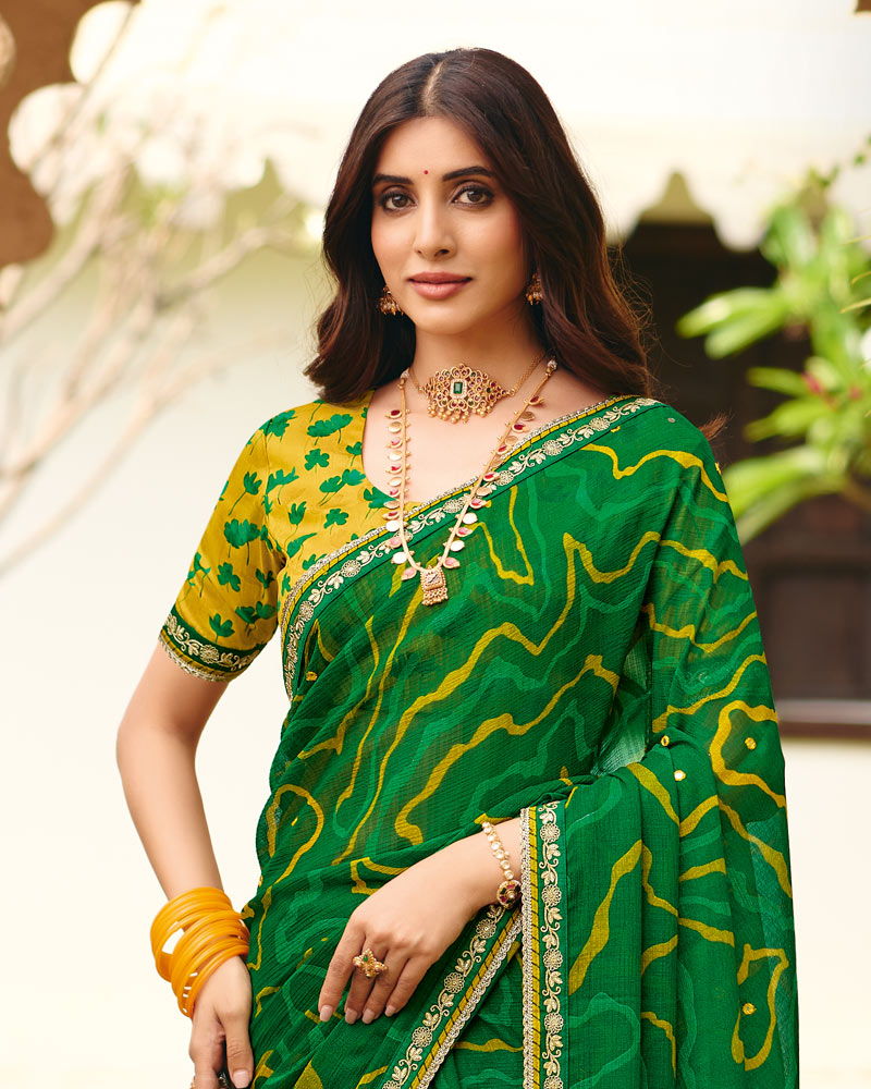 Vishal Prints Cactus Green Traditional Print Chiffon Saree With Mirror Work And Fancy Embroidered Border