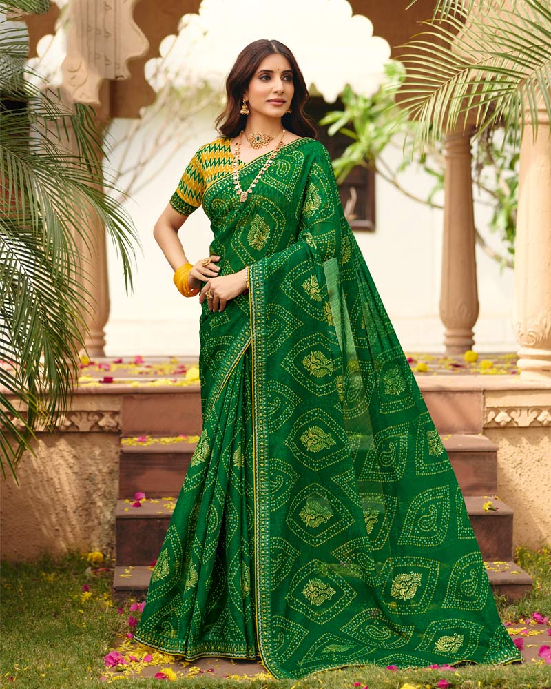 Vishal Prints Spinach Green Traditional Print Chiffon Saree With Foil Print And Fancy Embroidered Border