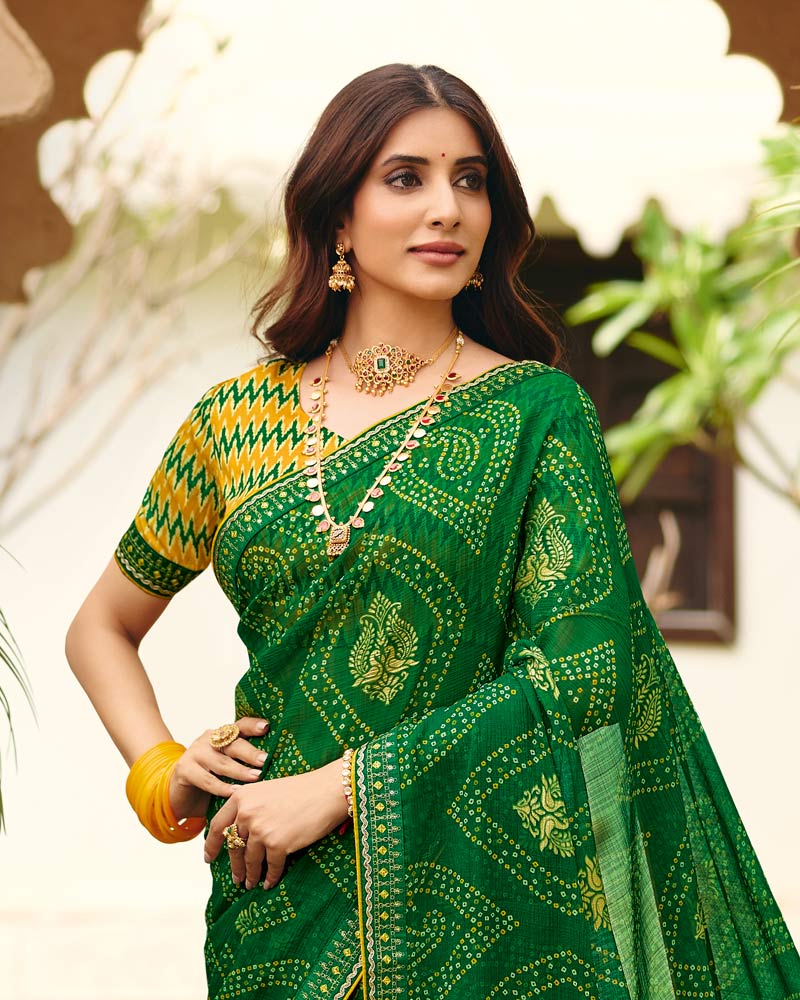 Vishal Prints Spinach Green Traditional Print Chiffon Saree With Foil Print And Fancy Embroidered Border