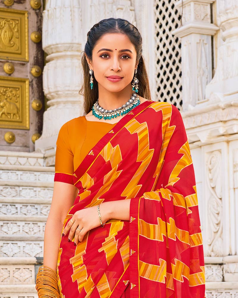 Vishal Prints Lava Red Printed Patterned Georgette Saree With Fancy Border