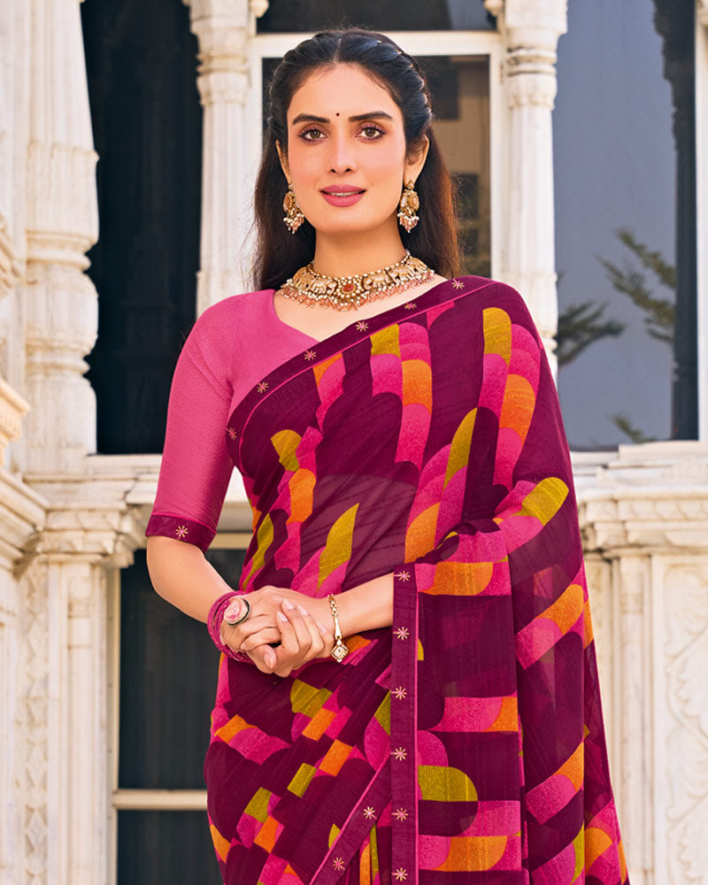 Vishal Prints Wine Berry Printed Patterned Georgette Saree With Fancy Border