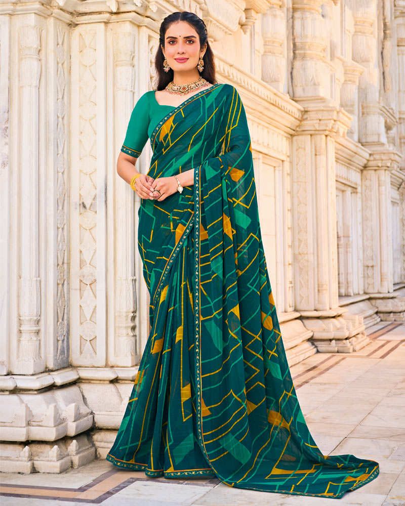 Vishal Prints Dark Teal Green Printed Patterned Georgette Saree With Fancy Border