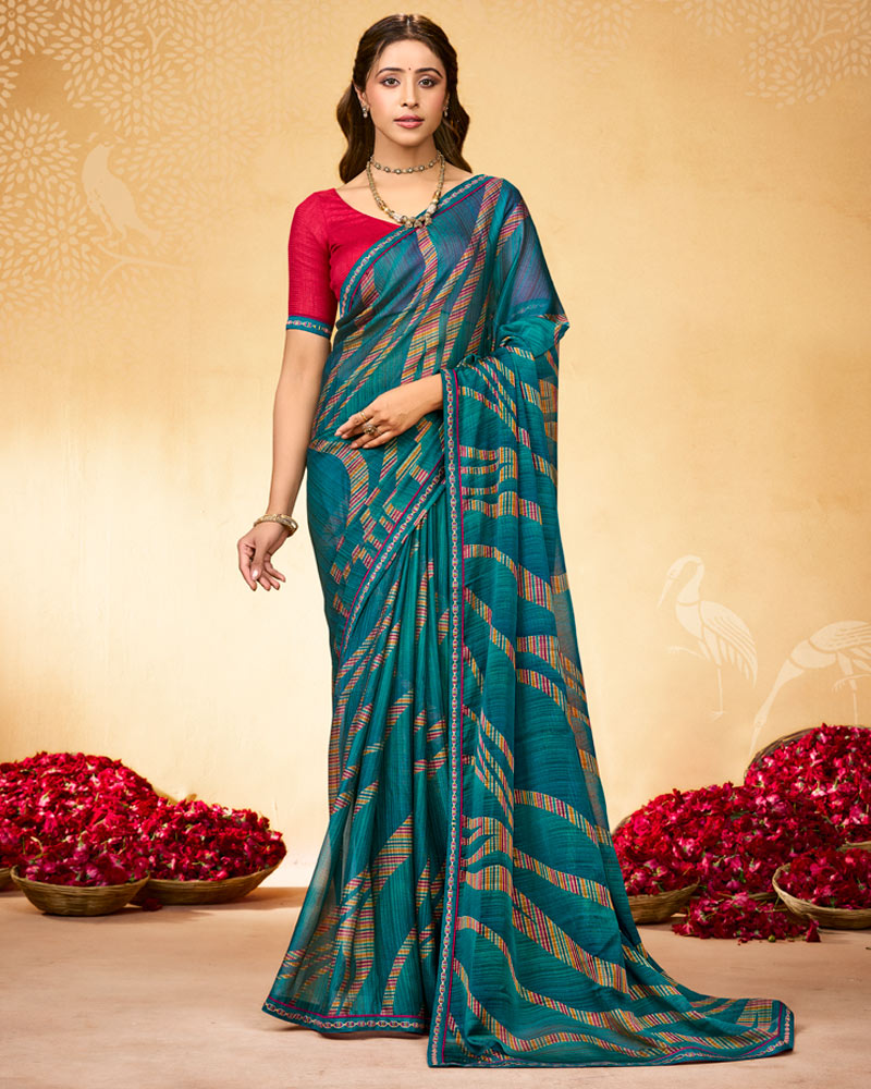 Vishal Prints Peacock Green Printed Fancy Chiffon Saree With Fancy Border