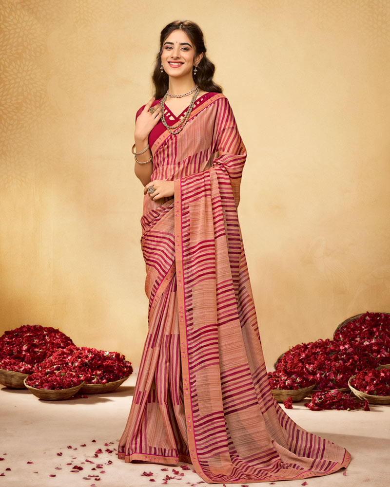 Vishal Prints Persian Pale Orange Printed Fancy Chiffon Saree With Fancy Border