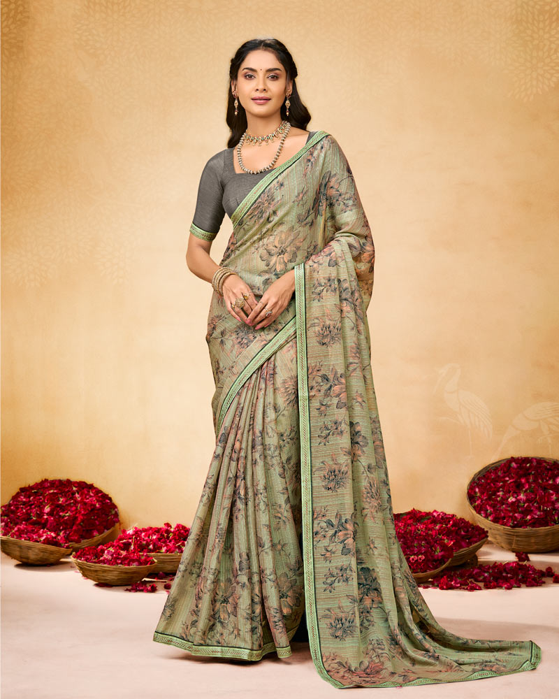 Vishal Prints Greenish Beige Printed Fancy Chiffon Saree With Fancy Border
