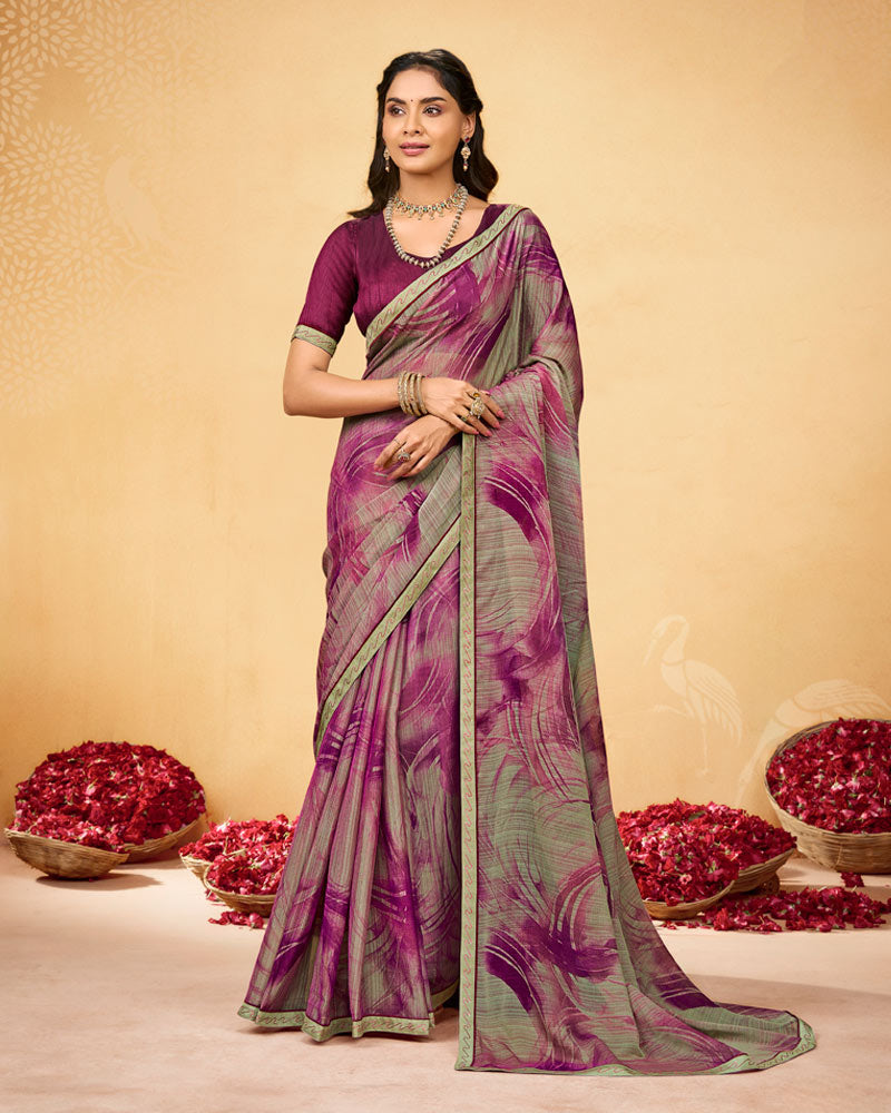 Vishal Prints Dark Fuchsia Printed Fancy Chiffon Saree With Fancy Border