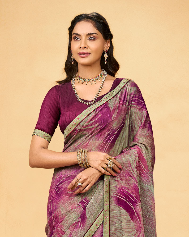 Vishal Prints Dark Fuchsia Printed Fancy Chiffon Saree With Fancy Border