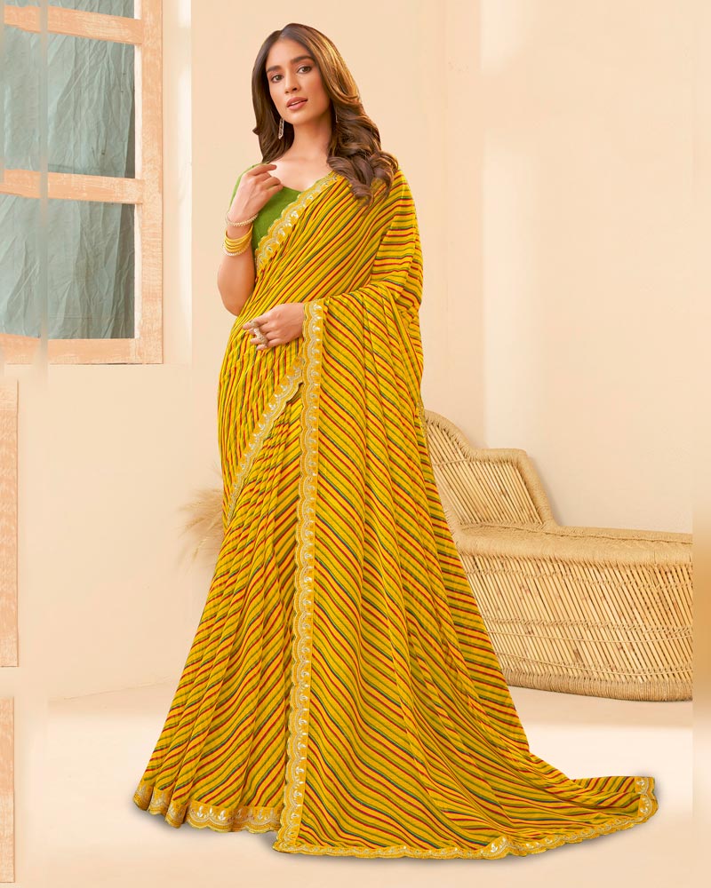 Vishal Prints Dark Yellow Printed Chiffon Traditional Print Saree With Fancy Cut Work Border
