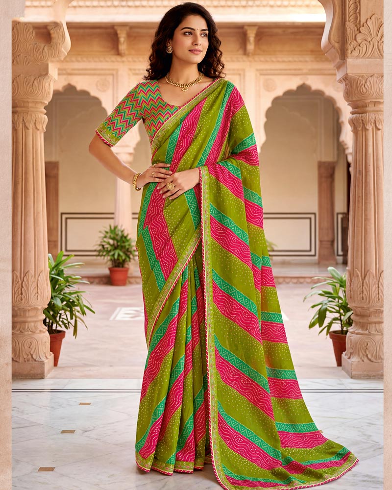 Vishal Prints Olive Green And Rose Pink Chiffon Traditional Printed Saree With Fancy Embroidery Border