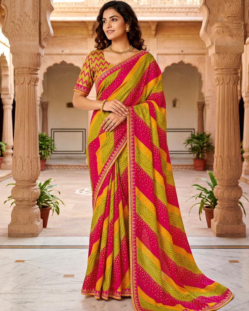 Vishal Prints Rose Red And Olive Yellow Chiffon Traditional Printed Saree With Fancy Embroidery Border