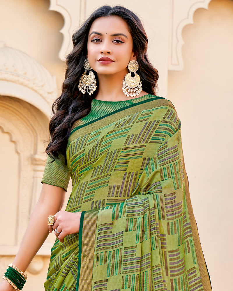 Vishal Prints Olive Brasso Saree With Tassel