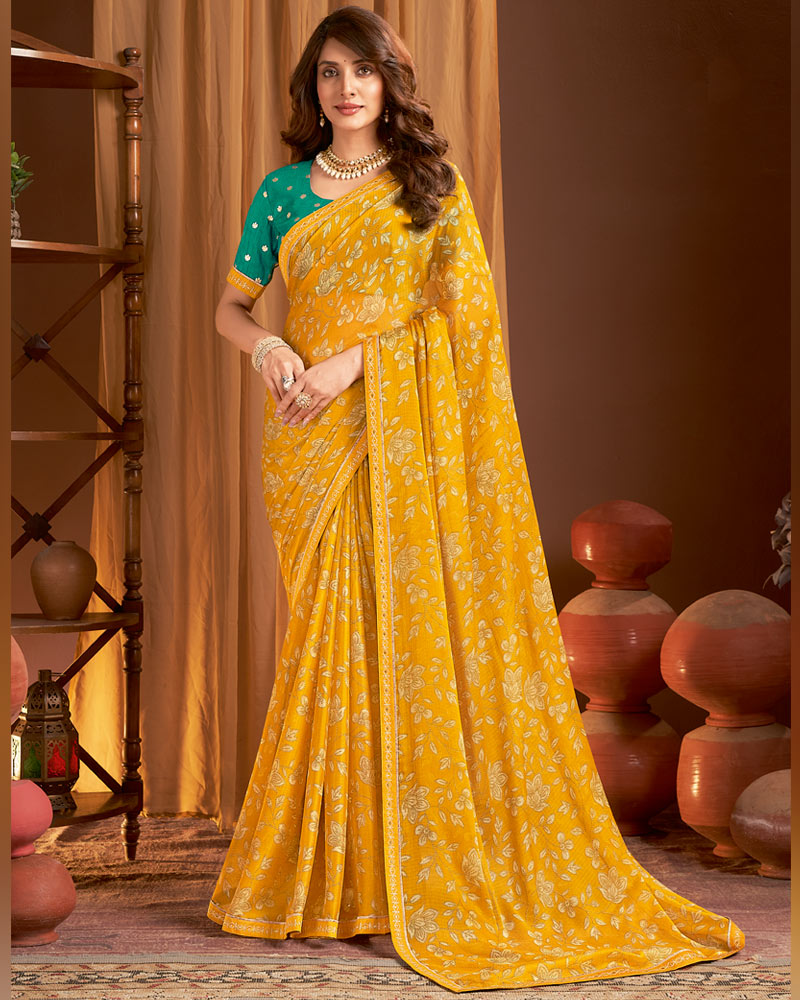 Vishal Prints Dark Orange Printed Chiffon Saree With Fancy Border