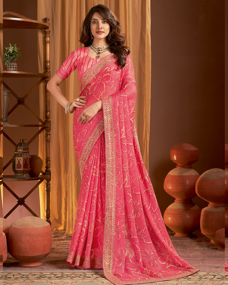 Vishal Prints Salmon Pink Printed Chiffon Saree With Zari Border