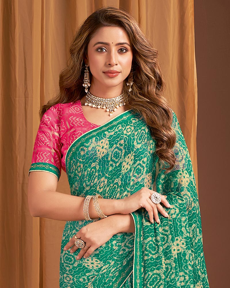 Vishal Prints Pine Green Printed Chiffon Saree With Fancy Border