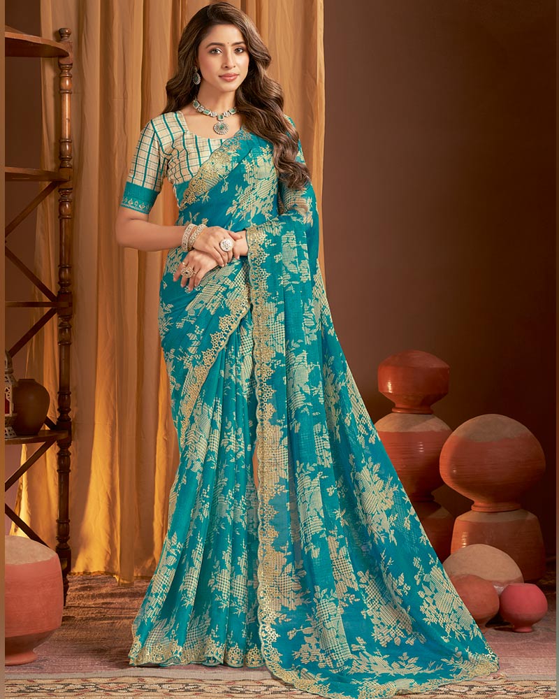 Vishal Prints Dark Aqua Green Printed Chiffon Saree With Cut Work Zari Border