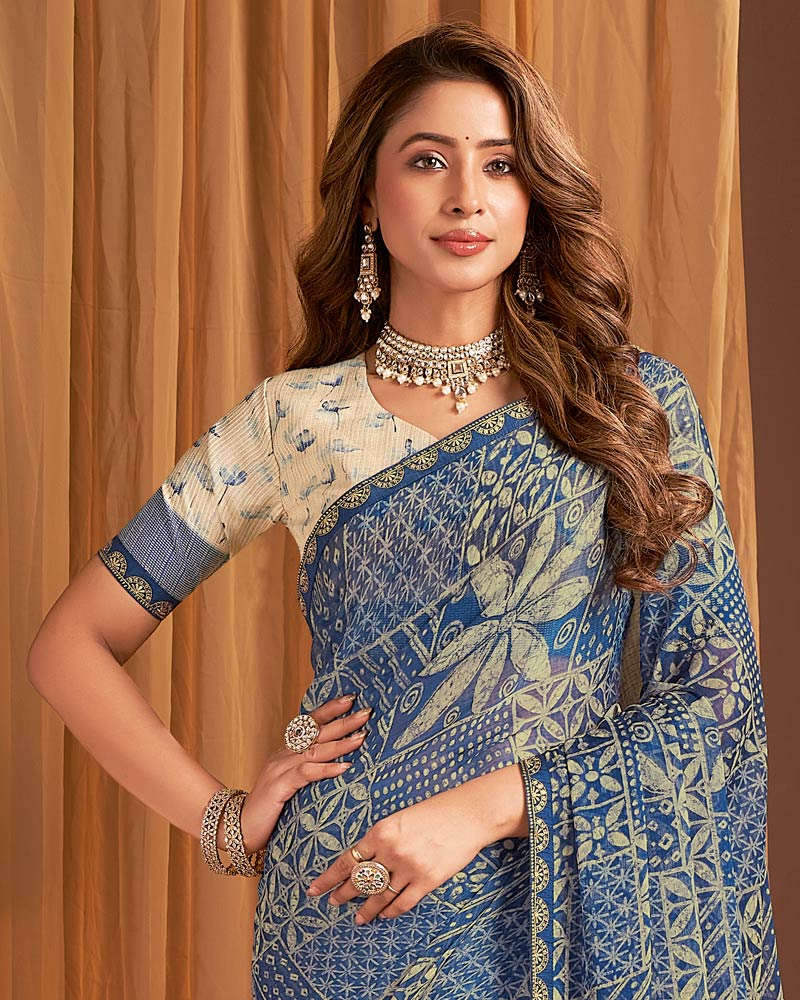 Vishal Prints Kashmir Blue Printed Chiffon Saree With Fancy Border