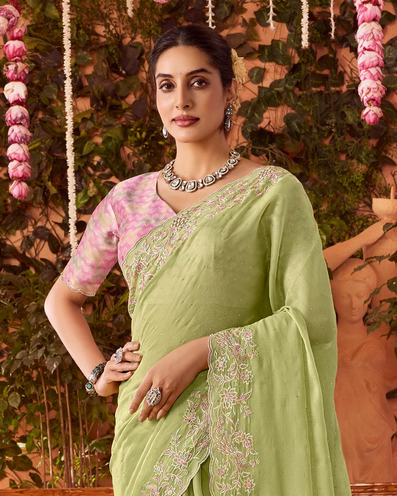 Vishal Prints Light Olive Green Designer Organza Saree With Embroidery-Diamond Work And Cut Work Border