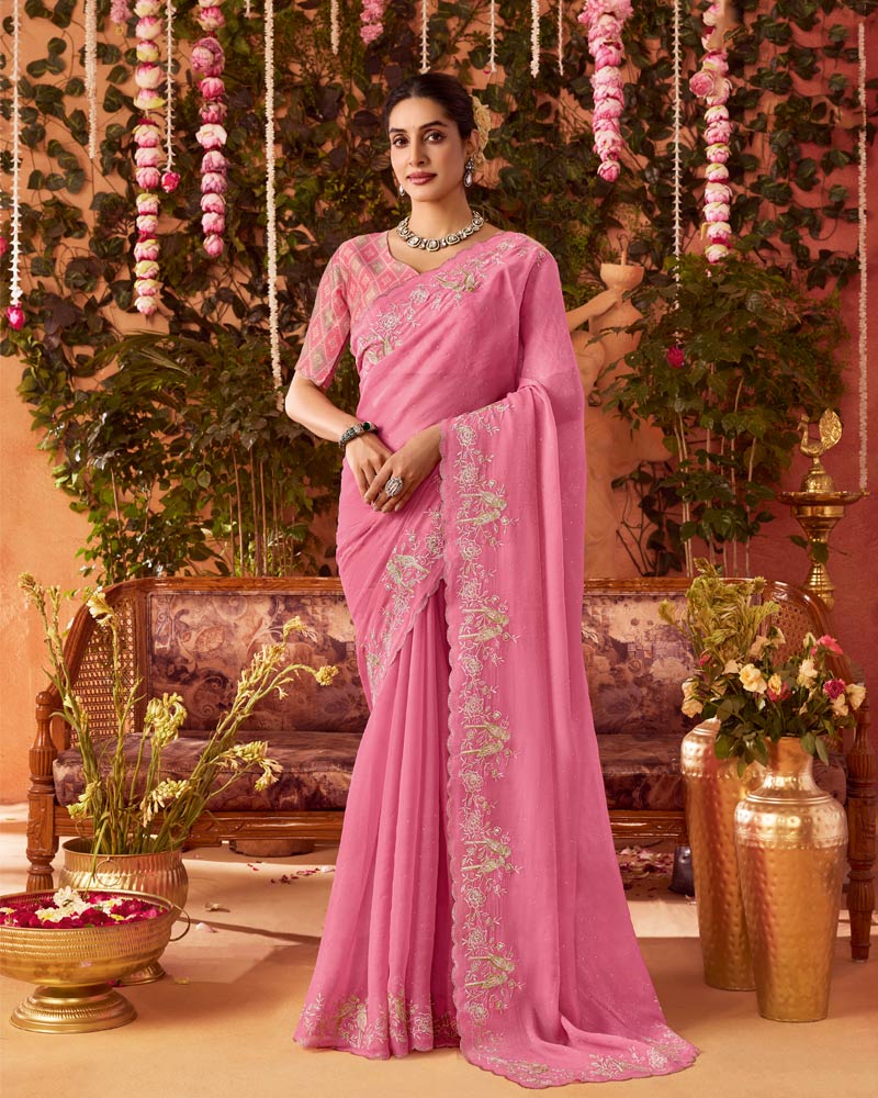 Vishal Prints Deep Blush Pink Designer Organza Saree With Embroidery-Diamond Work And Cut Work Border