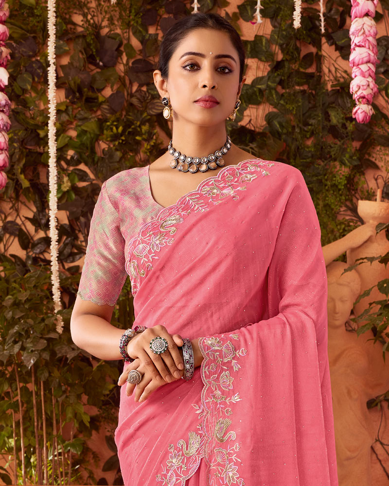 Vishal Prints Light Coral Pink Designer Organza Saree With Embroidery-Diamond Work And Cut Work Border