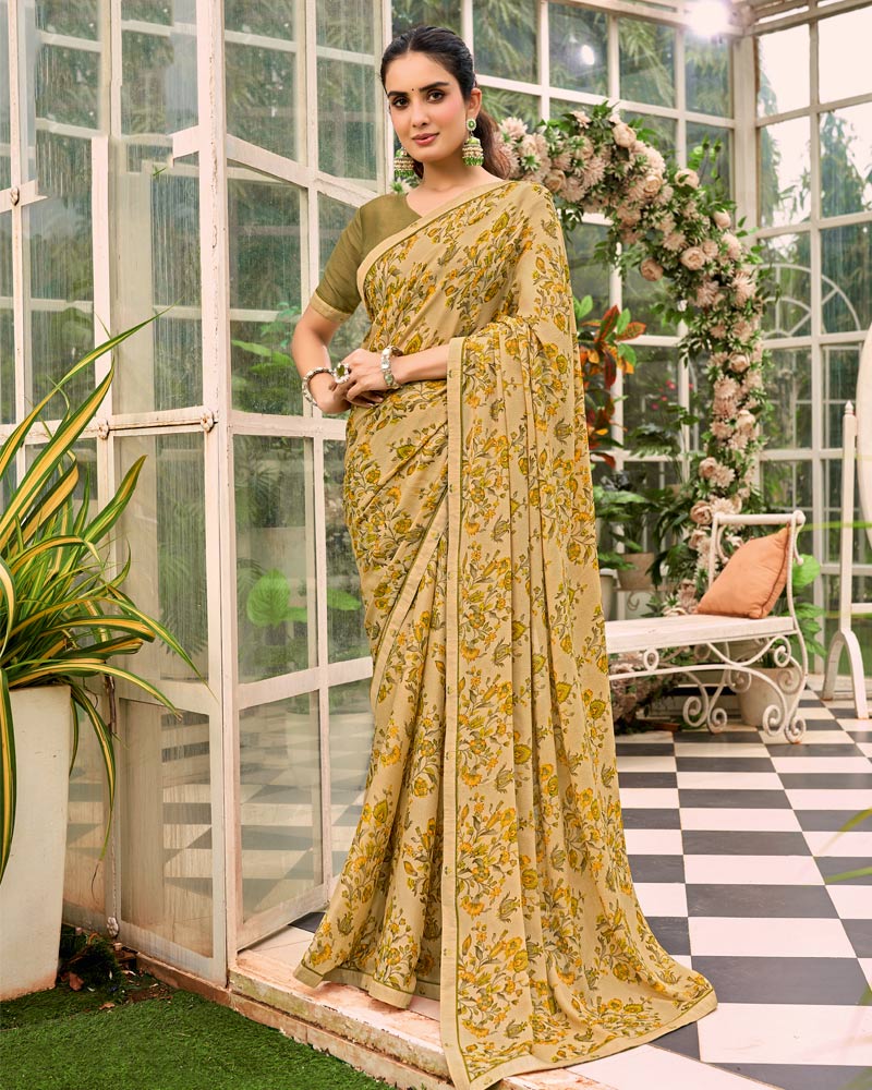 Vishal Prints Greenish Beige Printed Brasso Saree With Fancy Border