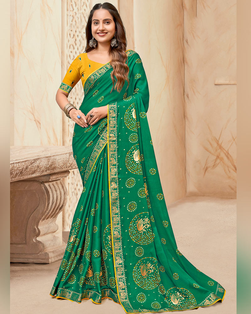 Vishal Prints Tropical Green Printed Chiffon Traditional Print Saree With Foil Print And Zari Border
