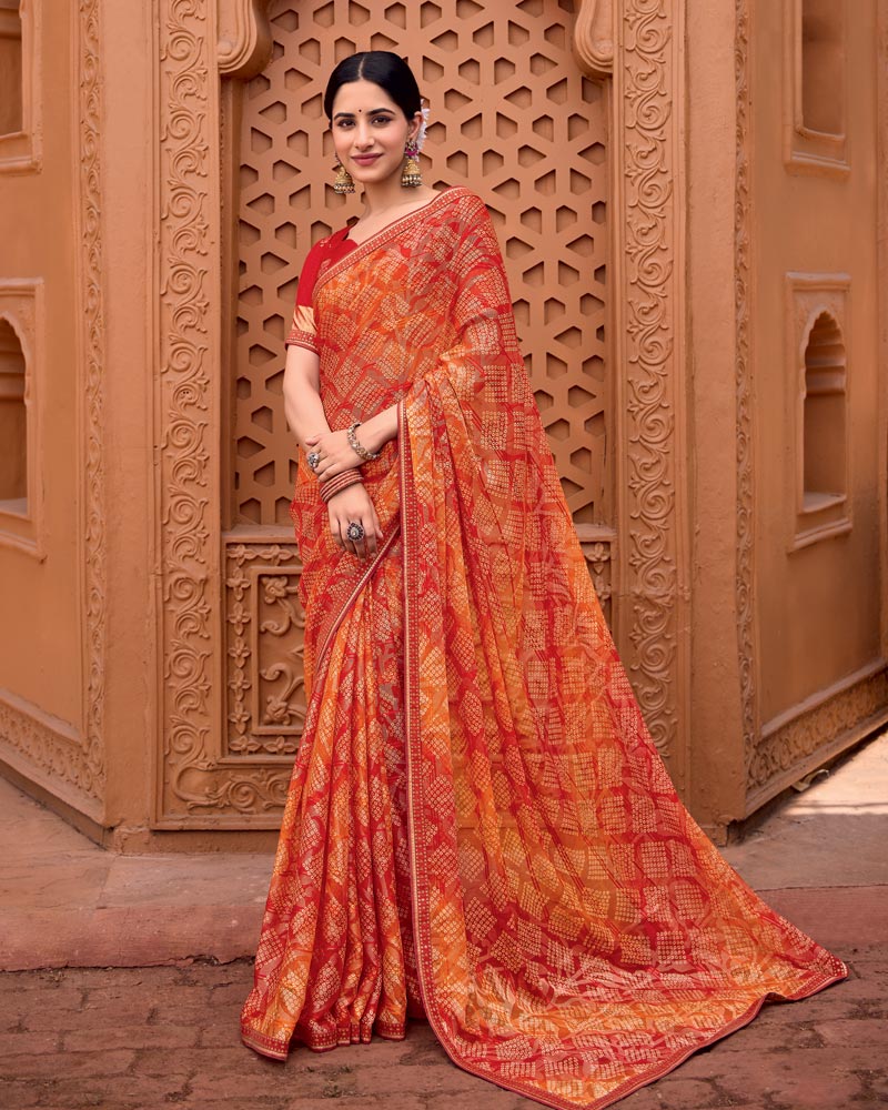Vishal Prints Sunset Orange Printed Patterned Brasso Bandhani Print Saree With Fancy Border