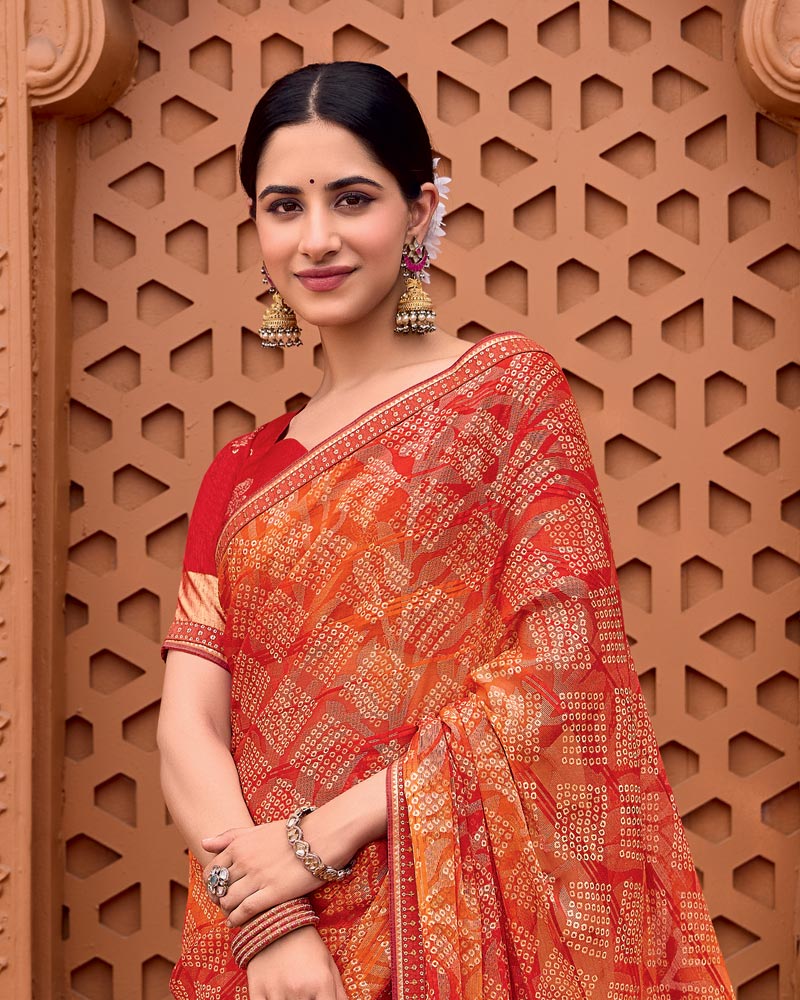 Vishal Prints Sunset Orange Printed Patterned Brasso Bandhani Print Saree With Fancy Border