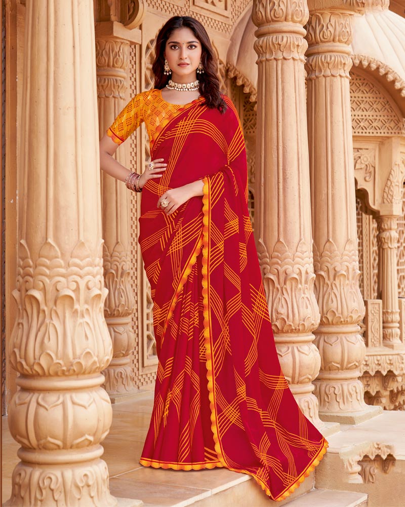 Vishal Prints Dark Red Printed Fancy Chiffon Saree With Cut Work Border