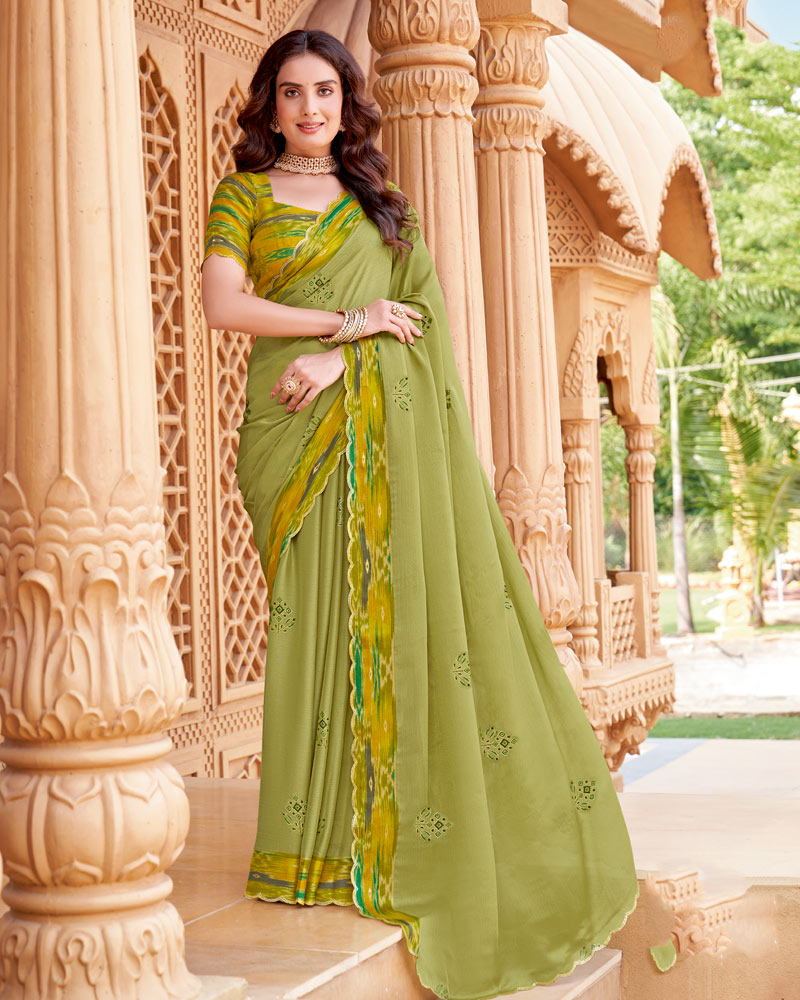 Vishal Prints Light Khaki Green Printed Fancy Chiffon Saree With Cut Work Border