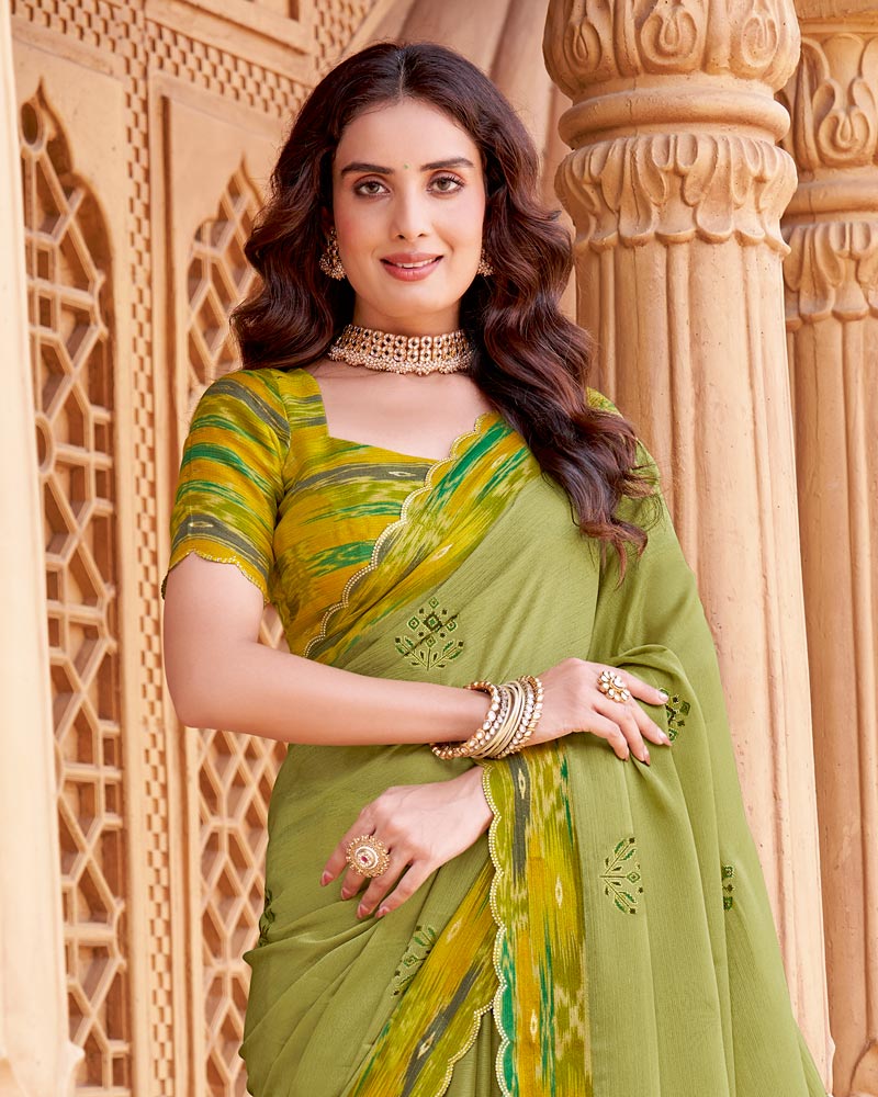 Vishal Prints Light Khaki Green Printed Fancy Chiffon Saree With Cut Work Border