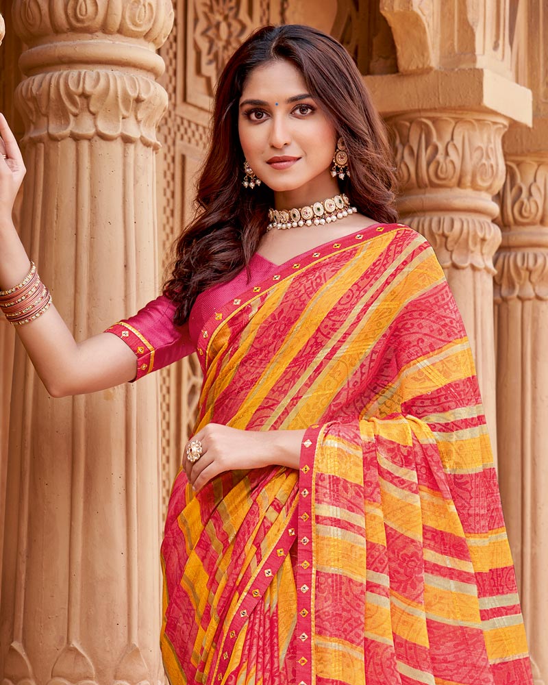 Vishal Prints Light Orange And Pastel Red Printed Fancy Chiffon Traditional Print Saree With Border