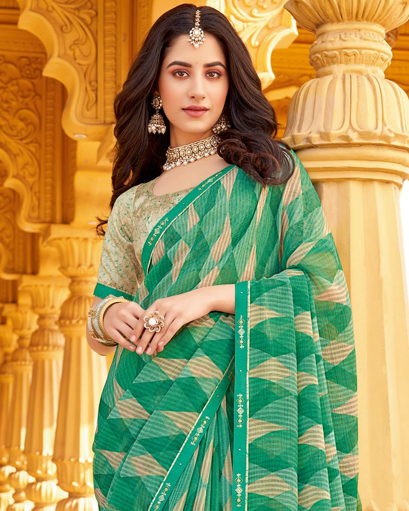 Vishal Prints Persian Green Printed Chiffon Saree With Fancy Border