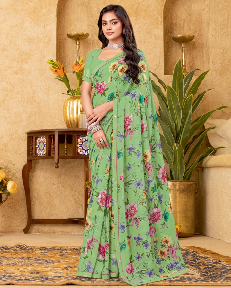 Vishal Prints Pistachio Green Printed Patterned Georgette Digital Print Saree With Fancy Border