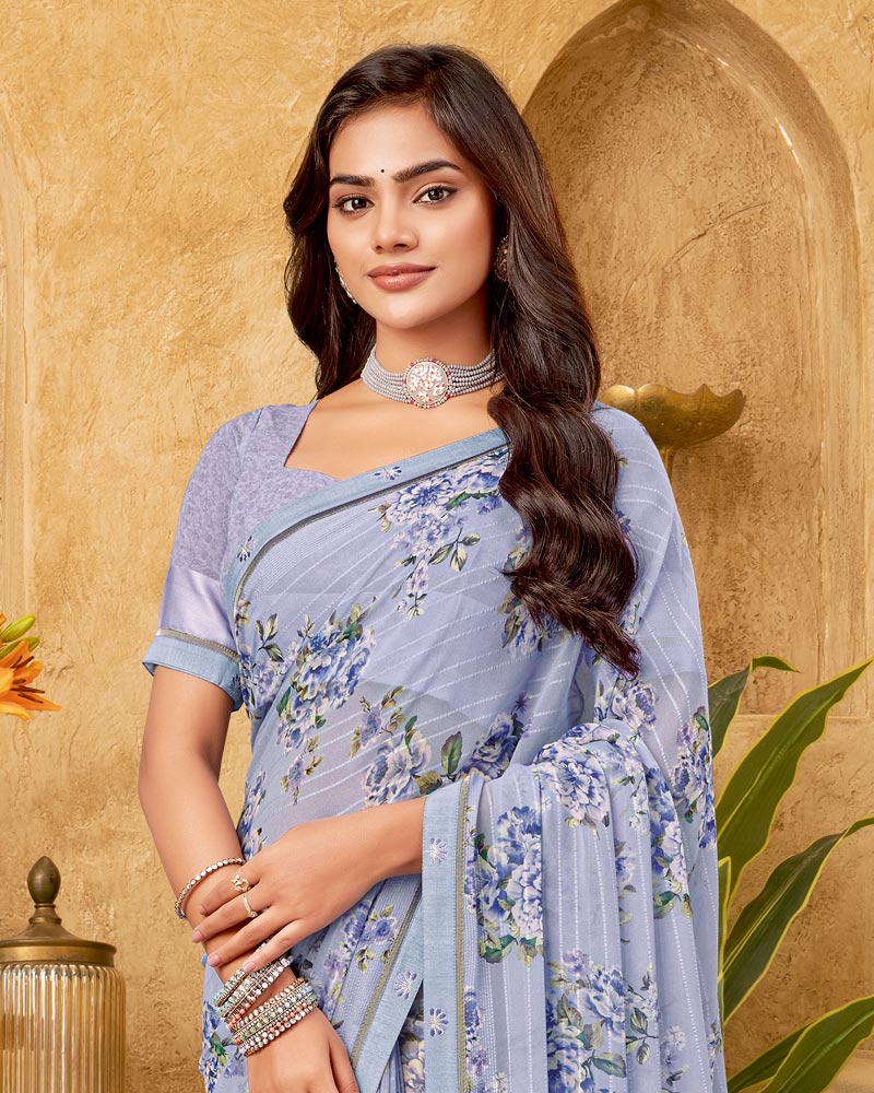Vishal Prints Greyish Blue Printed Patterned Georgette Digital Print Saree With Fancy Border