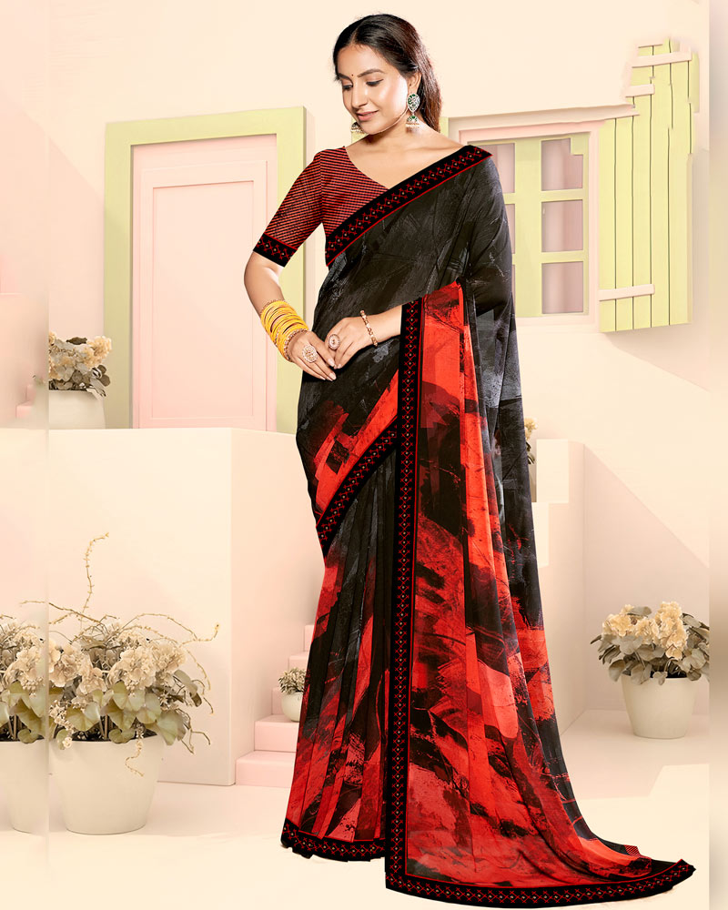 Vishal Prints Black Red Fancy Georgette Digital Print Saree With Embroidery Border