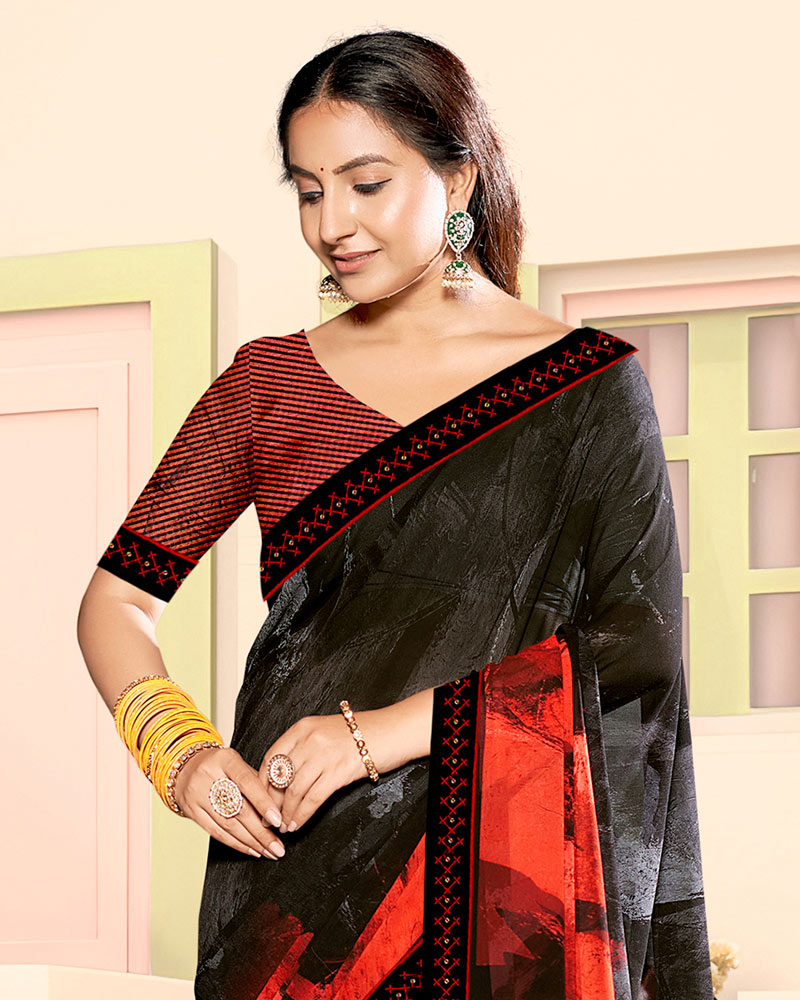 Vishal Prints Black Red Fancy Georgette Digital Print Saree With Embroidery Border