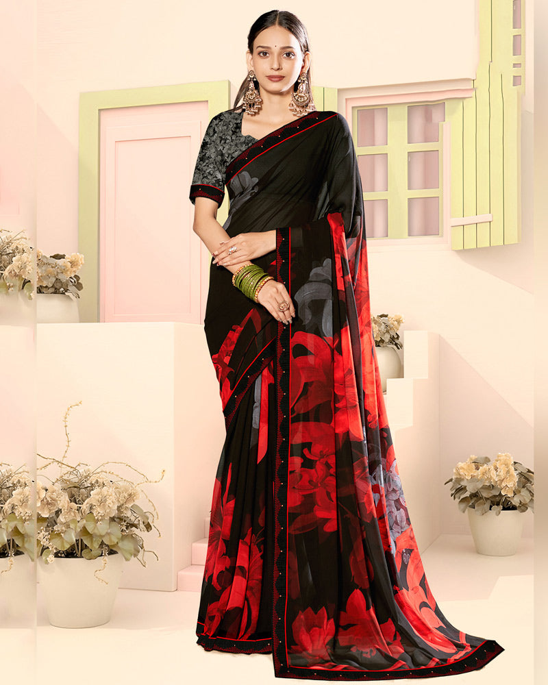 Vishal Prints Black Floral Fancy Georgette Digital Print Saree With Embroidery Border
