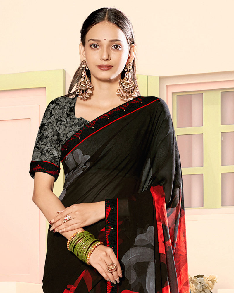 Vishal Prints Black Floral Fancy Georgette Digital Print Saree With Embroidery Border