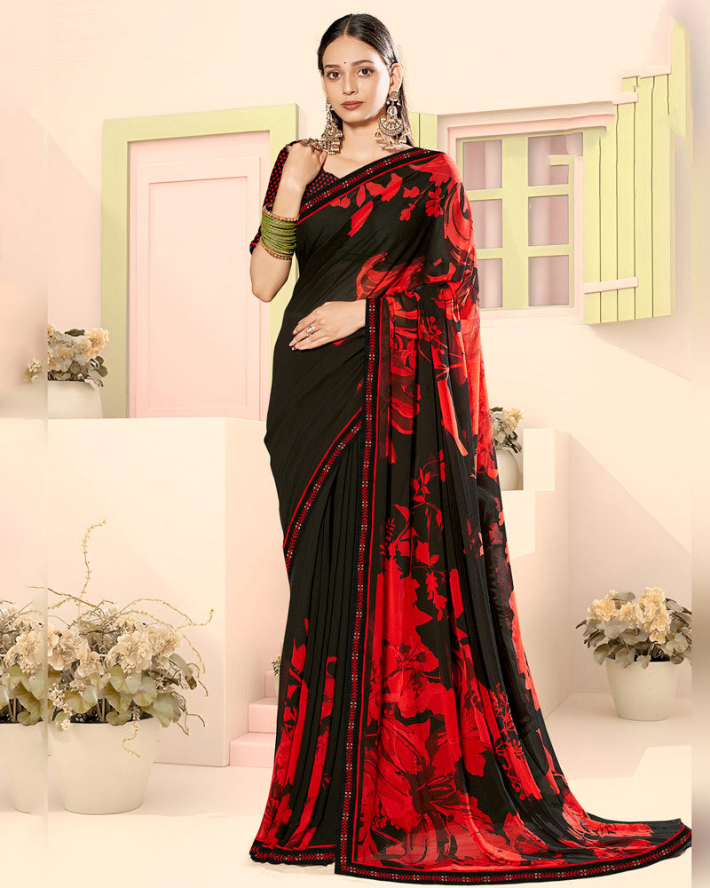 Vishal Prints Black Hibiscus Fancy Georgette Digital Print Saree With Embroidery Border