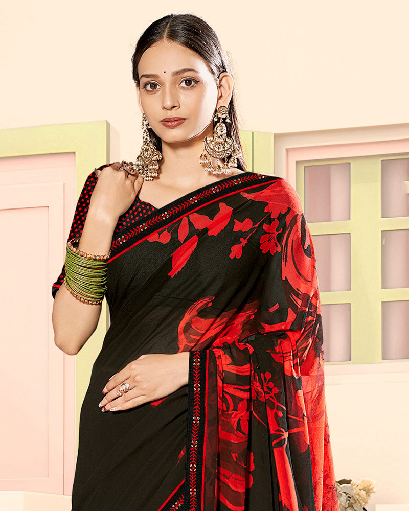 Vishal Prints Black Hibiscus Fancy Georgette Digital Print Saree With Embroidery Border
