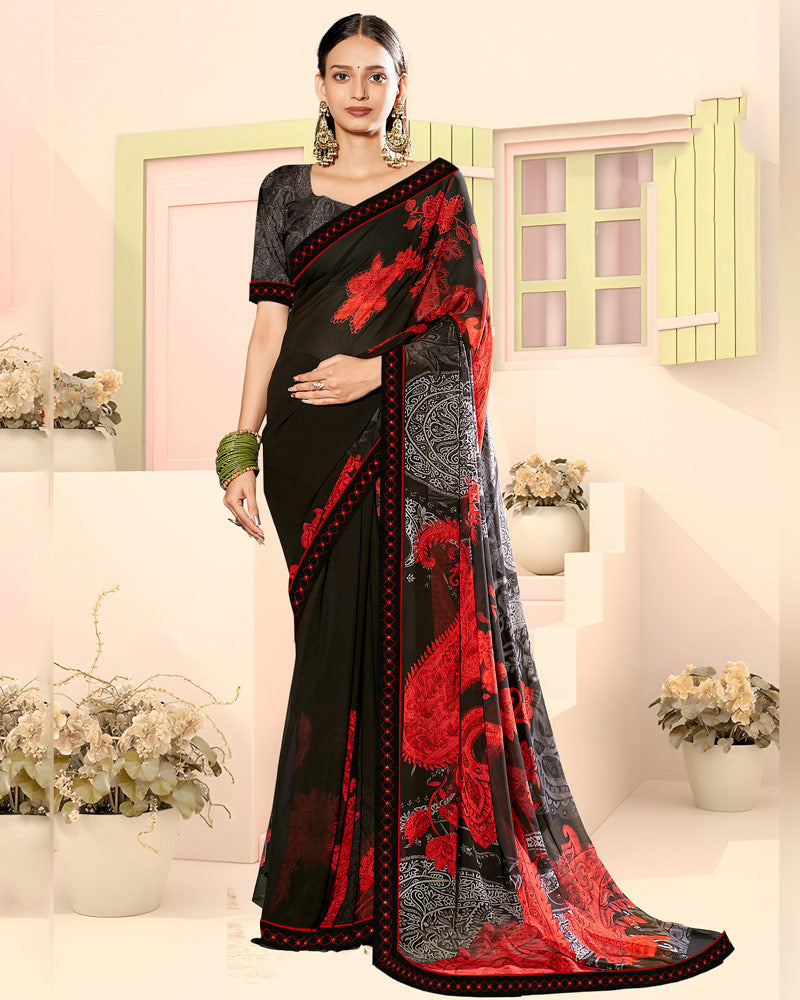 Vishal Prints Black Fancy Georgette Digital Print Saree With Embroidery Border