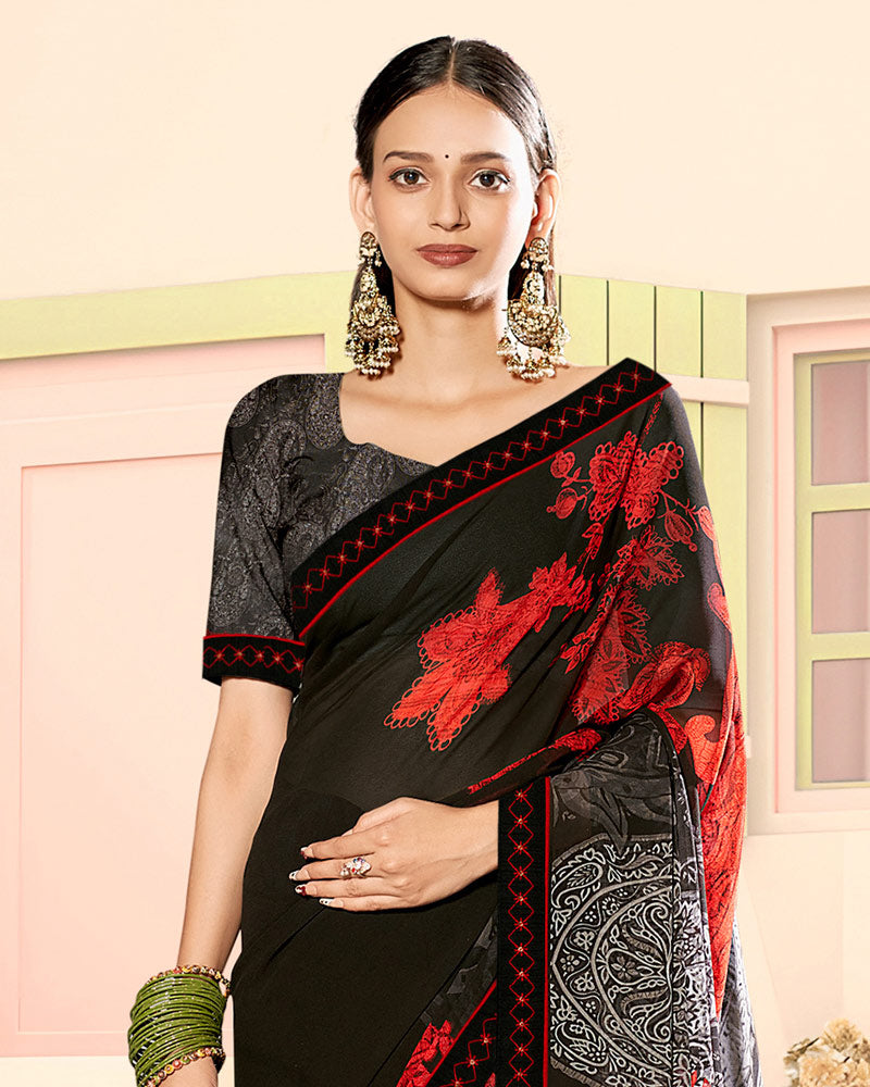 Vishal Prints Black Fancy Georgette Digital Print Saree With Embroidery Border