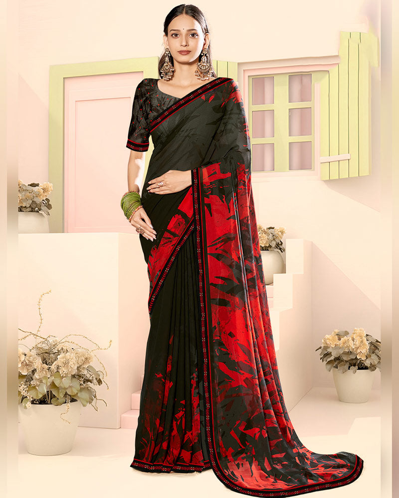 Vishal Prints Black Abstract Fancy Georgette Digital Print Saree With Embroidery Border