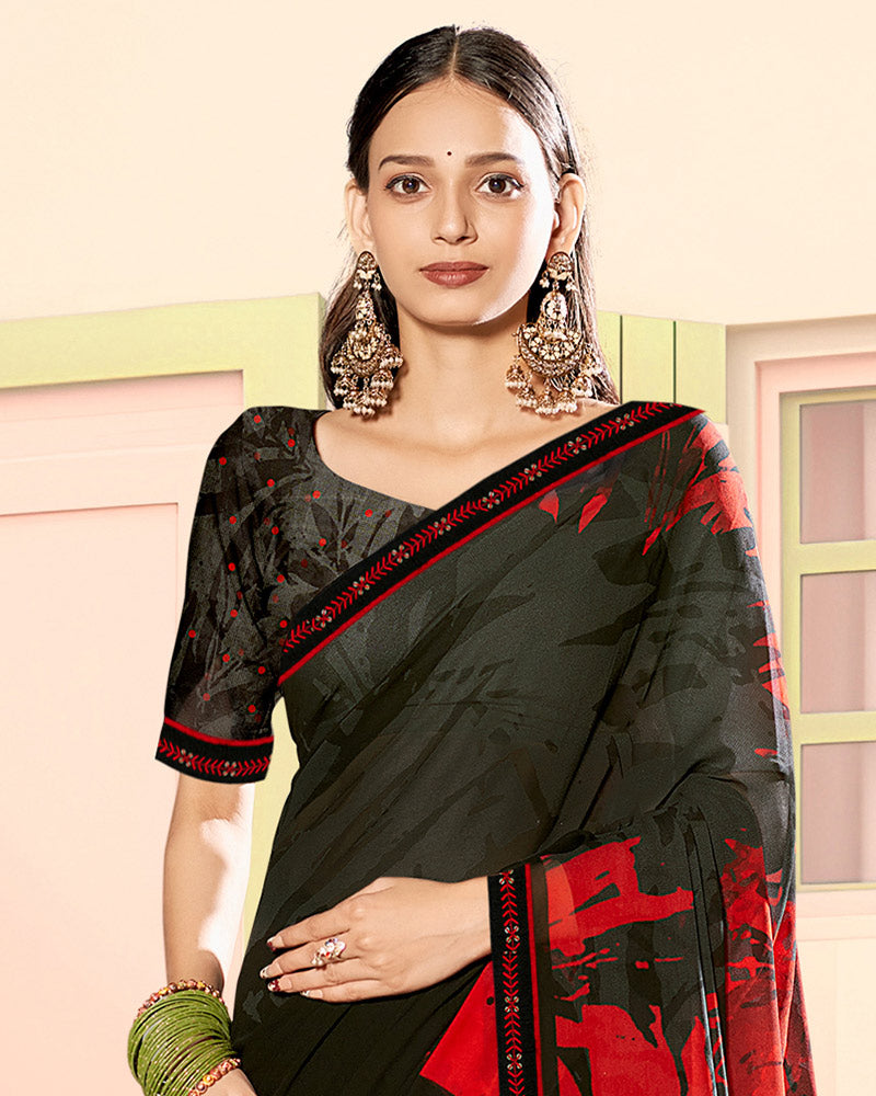 Vishal Prints Black Abstract Fancy Georgette Digital Print Saree With Embroidery Border