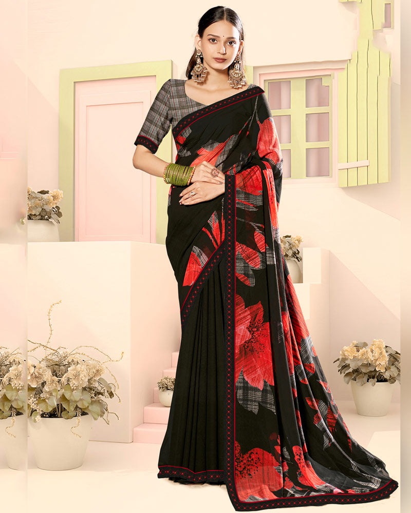 Vishal Prints Matt Black Fancy Georgette Digital Print Saree With Embroidery Border