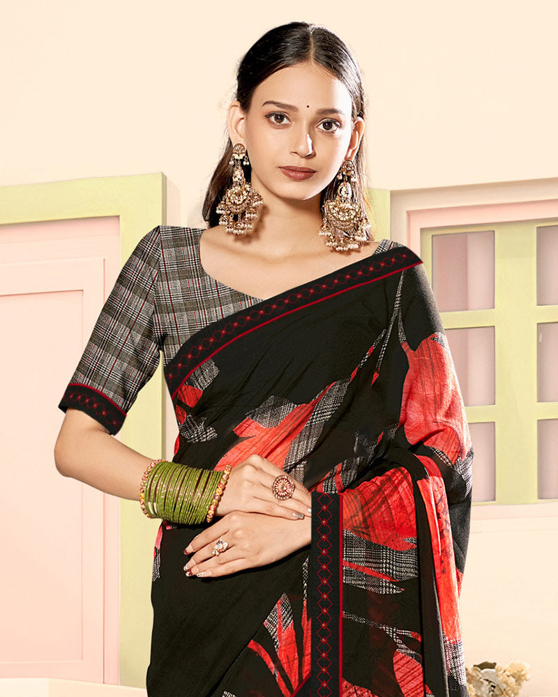 Vishal Prints Matt Black Fancy Georgette Digital Print Saree With Embroidery Border