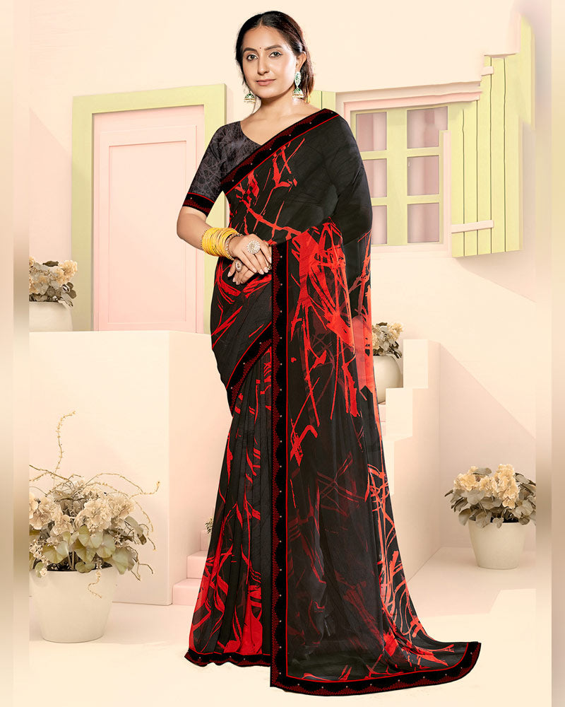 Vishal Prints Deep Black Fancy Georgette Digital Print Saree With Embroidery Border