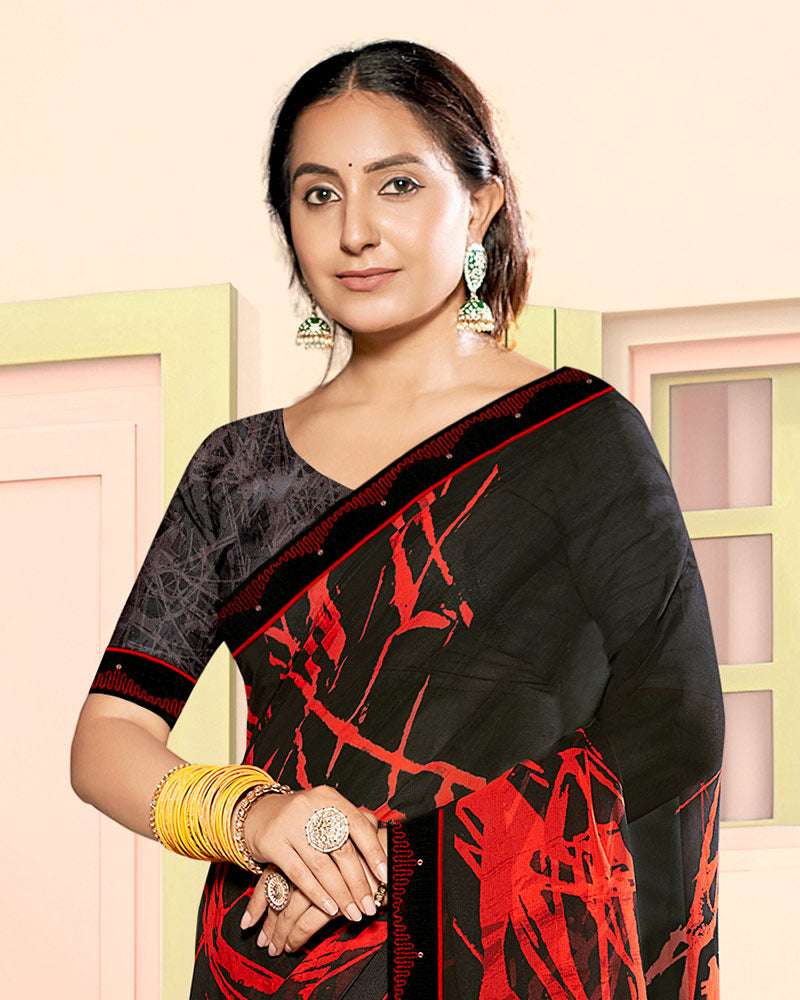 Vishal Prints Deep Black Fancy Georgette Digital Print Saree With Embroidery Border