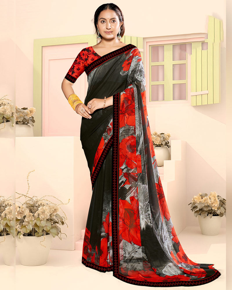 Vishal Prints Jet Black Fancy Georgette Digital Print Saree With Embroidery Border