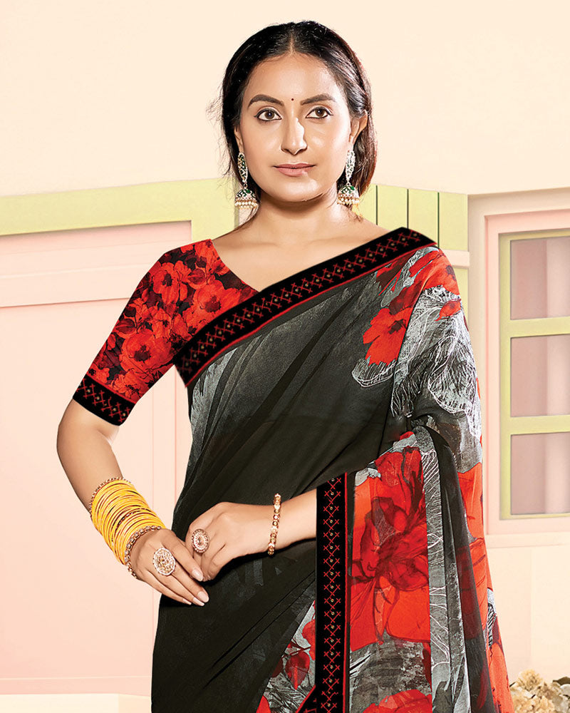 Vishal Prints Jet Black Fancy Georgette Digital Print Saree With Embroidery Border